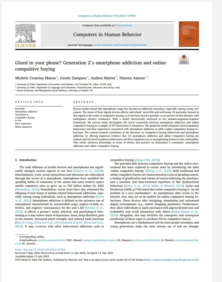 ameen_nisreen's tweet photo. Glued to your #phone? How does it affect your #buyingbehaviour?
Our article "Glued to your phone? #GenerationZ's #smartphone #addiction and online #compulsive buying" in Computers in Human Behavior explores this area. https://t.co/kAItedZHoX
#research #digitalmarketing https://t.co/InIIuwIxwP