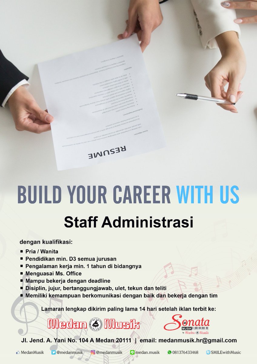 We are looking for Staff Administrasi

Apply via email or visit our store🎶
Requirements below 👇

#SMILEwithmusic #medanmusik #sonatamusik
#lokermedan #jobmedan