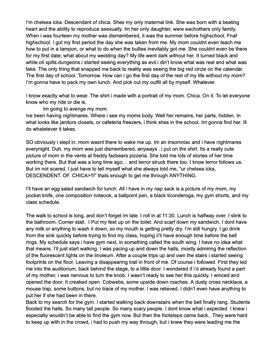 merpleyy's tweet photo. the first two pages of the rest ur life. my new fic, fnaf higchool. starring chelsea icka. descendant of chica. if you read this it would mean the world to me https://t.co/IwGoL8LcY1