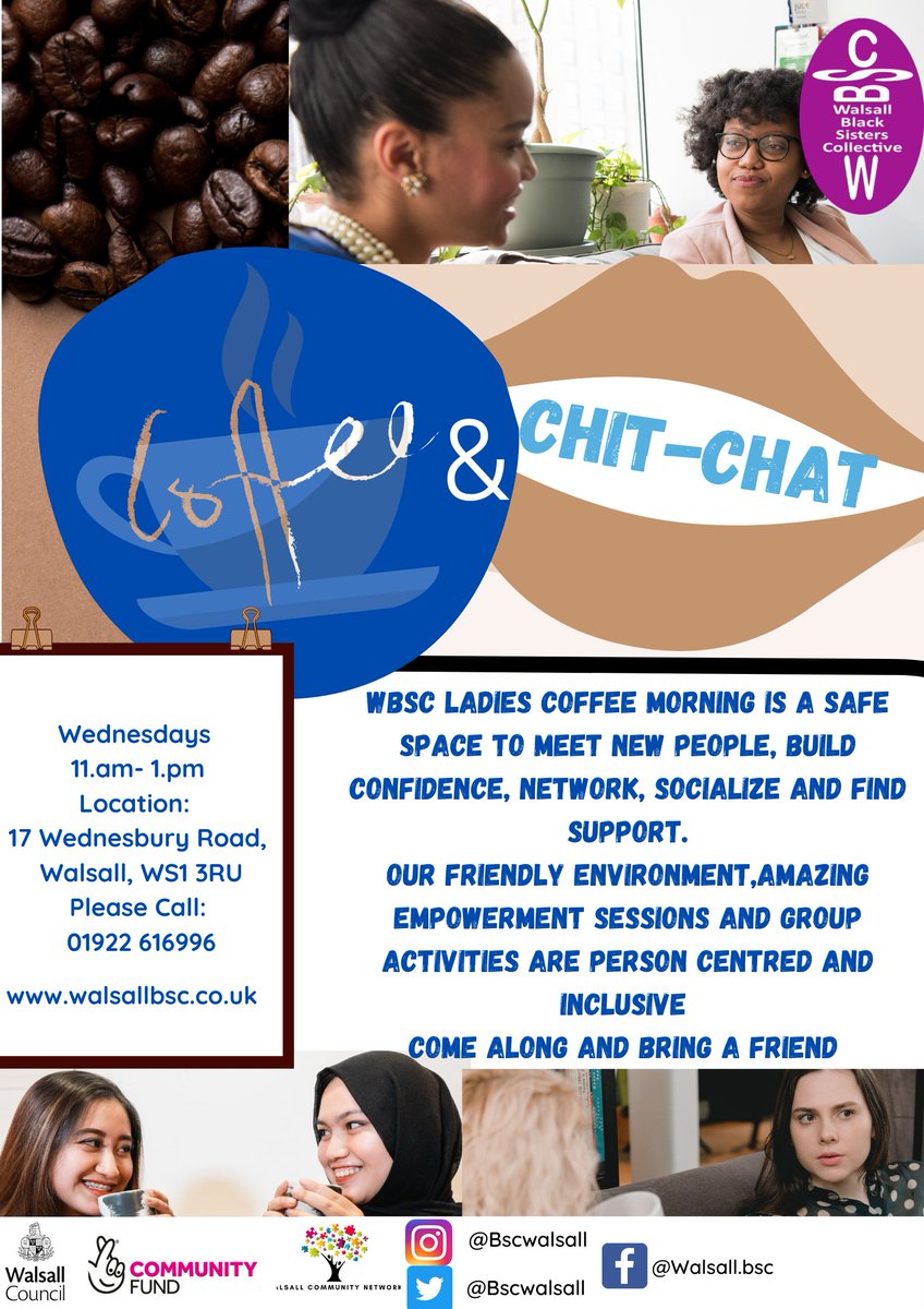 Ladies, do you fancy a coffee or a quick chat? Come along to our ladies Coffee &amp;Chit-Chat session today💜💎😁see flyer for details &amp; contact us for further information💎💜😁<a href="/BscWalsall/">WalsallBSC</a> <a href="/WalsallCouncil/">Walsall Council</a> <a href="/One_Walsall/">One Walsall</a> @AainaCommunityH <a href="/TNLComFund/">The National Lottery Community Fund</a> @walsallwhg #ladies #support #charity