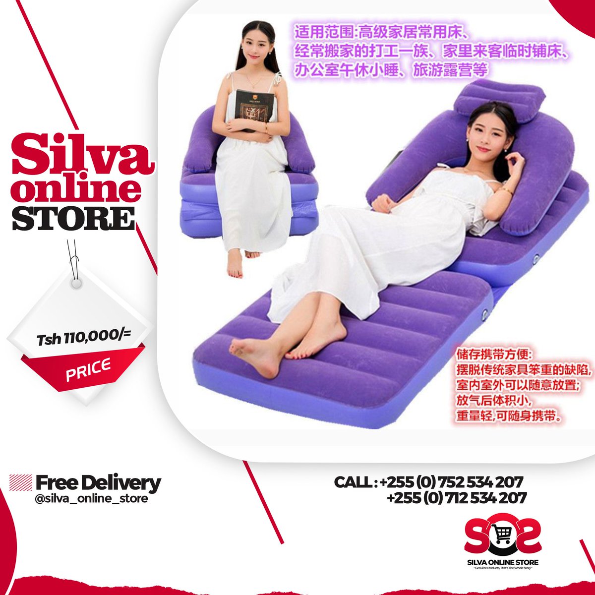 _SoSLLC's tweet photo. Relax. Get Comfortable. Enjoy The View!
Inflattable Air Sofa For Tsh. 110,000/= Only.
Place your order now!
~
Call/Whatsapp: 0752 534 207 or 0712 534 207
Free delivery in DSM and pay on delivery.
#silvaonlinestore #sofa #airsofa #relax #outdoorfun #onlineshop #instapreneur https://t.co/5ldAB6h8he