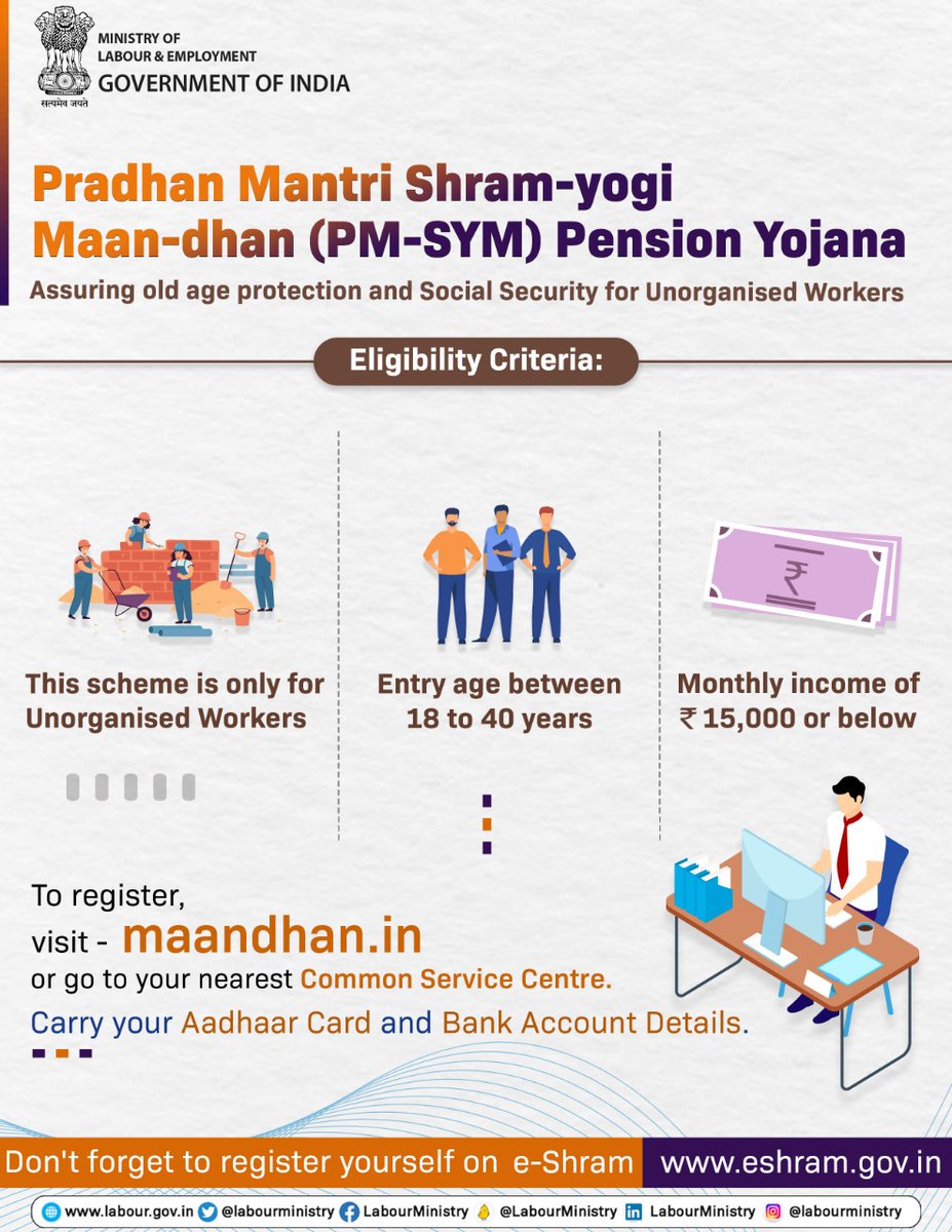 Assurance of old age protection and #SocialSecurity for unorganised workers through Pradhan Mantri Shram-yogi Maan-dhan (PMSYM) Pension Yojana. To register, visit maandhan.in or go to your nearest Common Service Centre.