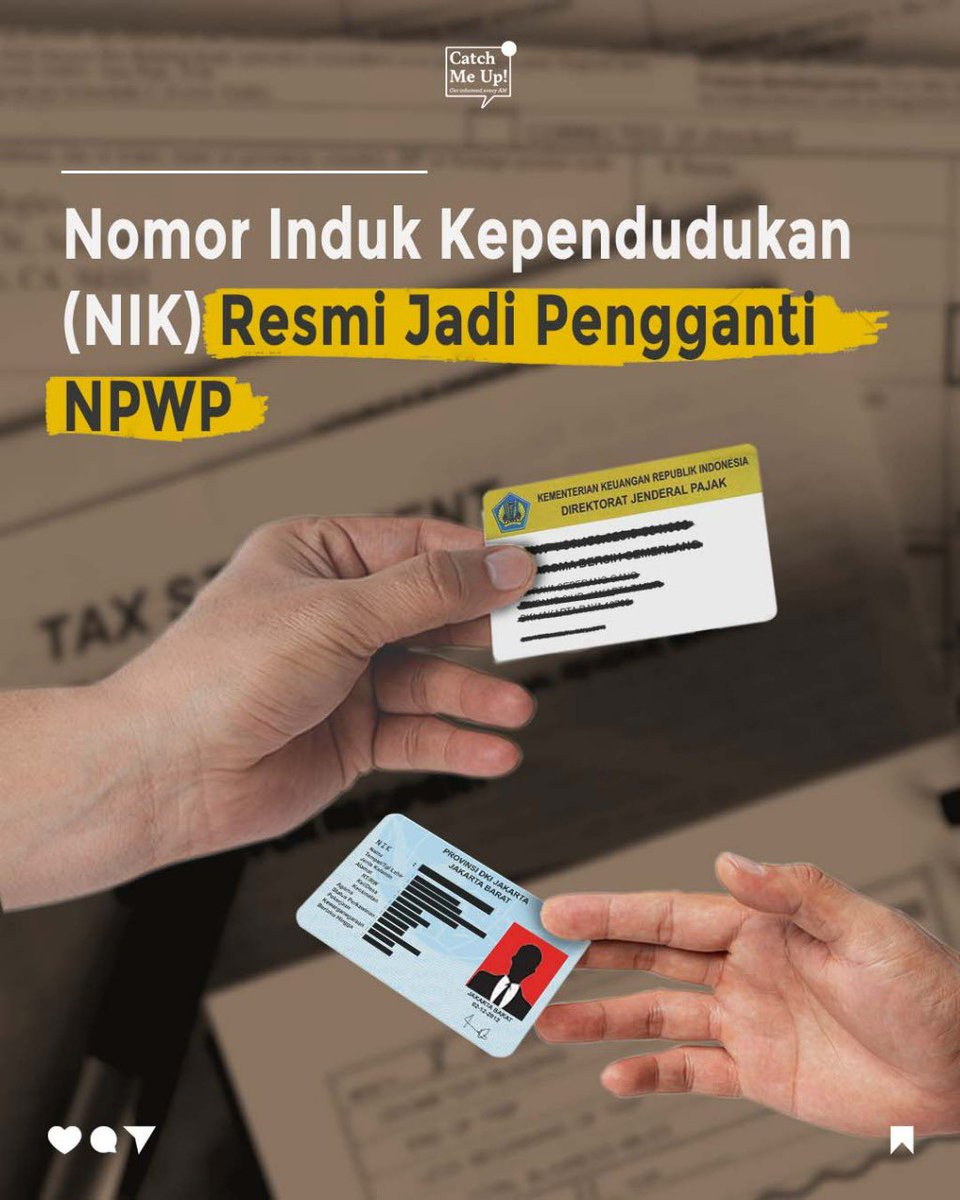 catchmeupco's tweet photo. Direktorat Jenderal Pajak Kementerian Keuangan telah meresmikan penggunaan Nomor Induk Kependudukan (NIK) sebagai Nomor Pokok Wajib Pajak (NPWP). https://t.co/Im7RcRf7Bg