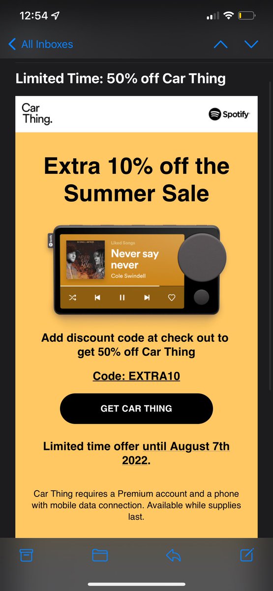 Rulostwit's tweet photo. @SpotifyCares I receive this email from you that you if I code you give me 50% off on your Car Thing but is not working.

You can see it read “add discount code at checkout to het 50% off car thing”

Please let me know thanks! https://t.co/DxQAkaYWq1