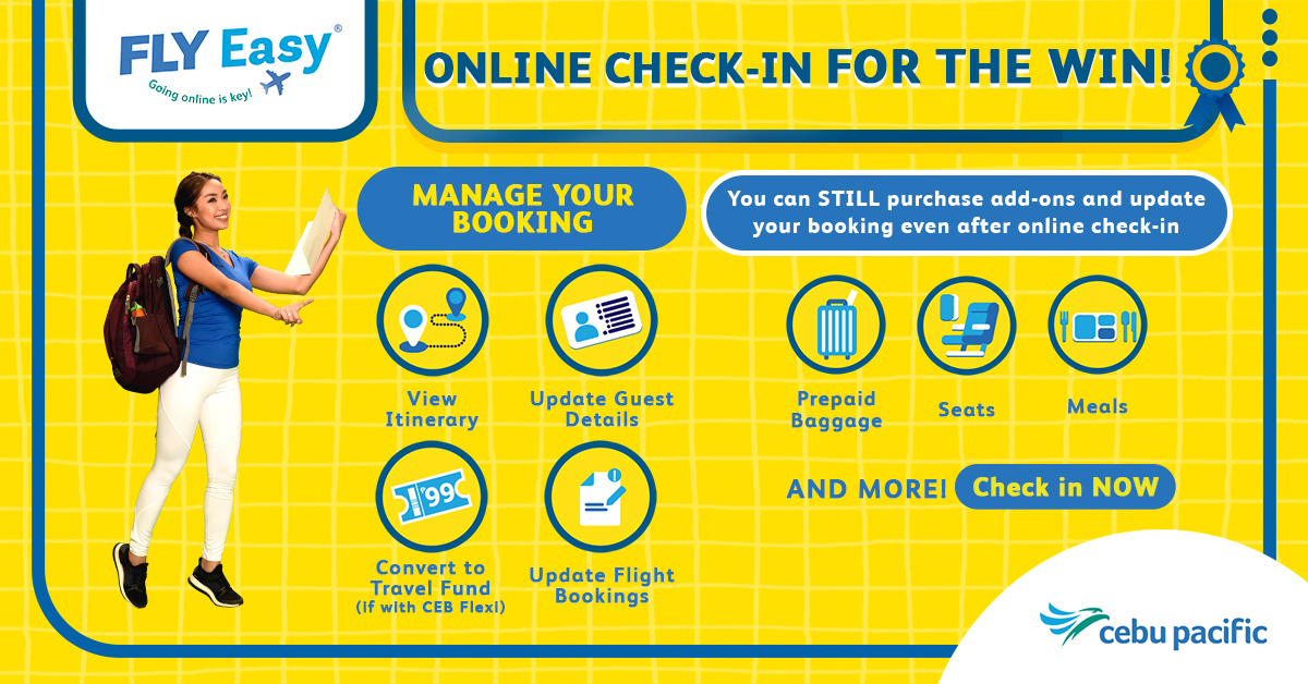 CebuPacificAir's tweet image. You can still purchase add-ons and update your booking even after online check-in! You can check in 7 days before your flight departure so you’ll have the comfort of knowing that you’re all set for your trip. To check in early, click this link: bit.ly/CEBOnlineCheck…