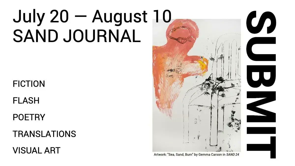 WE'RE OPEN FOR SUBMISSIONS! We like writing and art that subvert; fresh can be slow, sensitive can be rough, bold can be quiet. Read our full submissions guidelines and submit your work here: sandjournal.com/submit/ Please RT &amp; share!