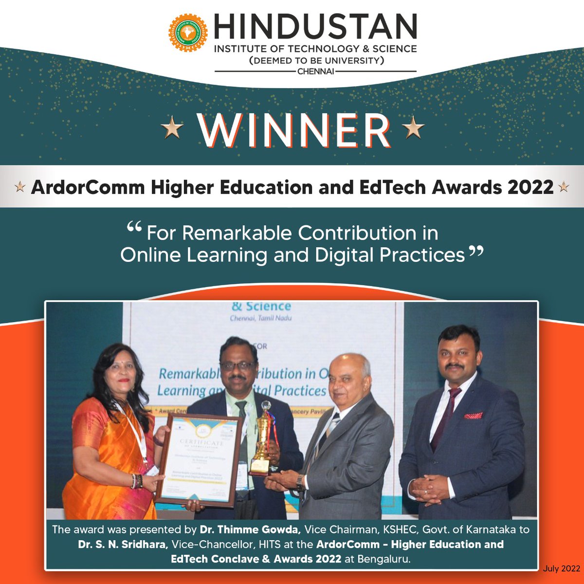 #HITS has been bestowed the #ArdorComm #HigherEducation & #EdTech Award 2022 for its commendable contributions in #OnlineLearning and #DigitalPractices. The award was received by Dr. S.N. Sridhara, Vice-Chancellor, HITS. 
#HindustanUniversity #HEETSouth #HEETBengaluru