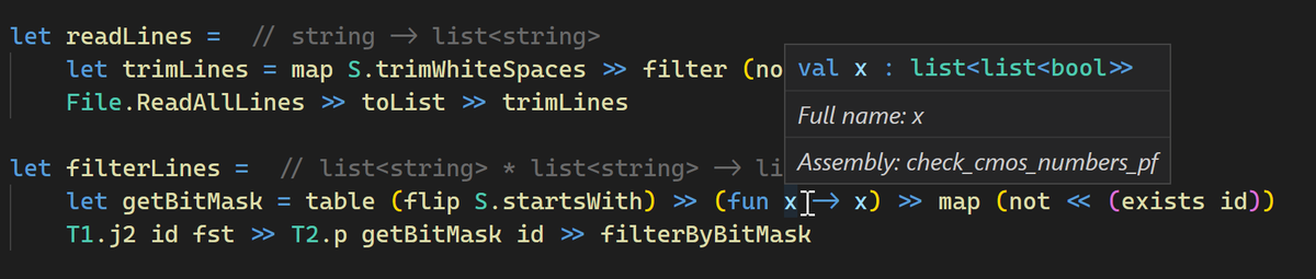 TheOlegarchy's tweet photo. Trick! When you're in the middle of a long point-free function, use (fun x -> x) and mouse over x to see the inferred type at that point.
#fsharp #readablecodegolf #pointfreestyle https://t.co/JA4I0tmYoO