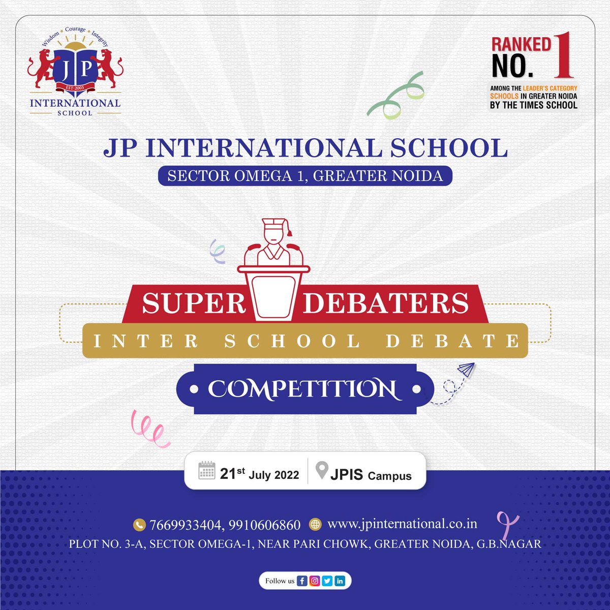 SparshIntlSchl's tweet photo. JP International School, Going to organise SUPER DEBATERS - Inter School Debate #Competition on 21st July 2022.
#InterSchoolDebate #BestSchool #CBSESchool #bestschoolingreaternoida
#jpis #JPInternationalSchool
https://t.co/nz3qHPoDli https://t.co/z4jqmgvaTK