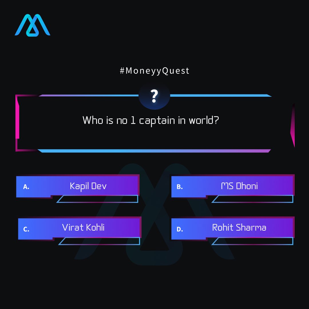 Hola creators!! 
#MoneyyQuest is here again, so who according to you is the best captain?! 👑

Why wait if your heart knows?
Comment it down below and don’t forget to mention #MoneyyQuest !!!!!

 #MoneyyApp  #generalknowledge #MSDhoni #ViratKohli #RohitSharma𓃵 #kapildev