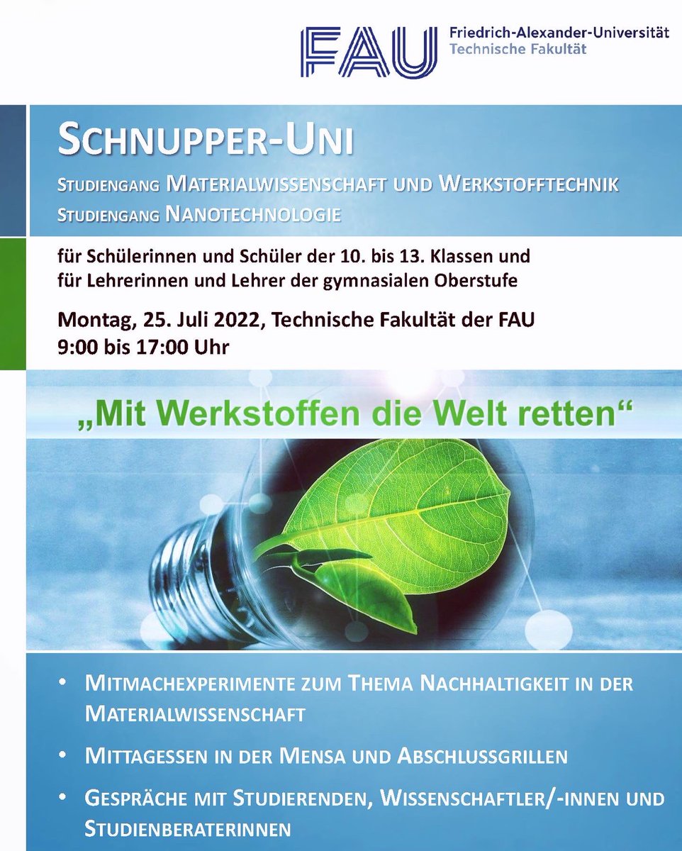 DeptWW_FAU's tweet photo. Es gibt noch freie Plätze für die Schnupper-Uni „Materialwissenschaft und Werkstofftechnik“ / „Nanotechnologie“.
Alle Infos findet Ihr hier:
https://t.co/qxQHFD4iMp
Wir freuen uns auf Euch!
@UniFAU #nachhaltigkeit #schnupperuni #materialwissenschaft #nanotechnologie https://t.co/5Bpqt39yX6