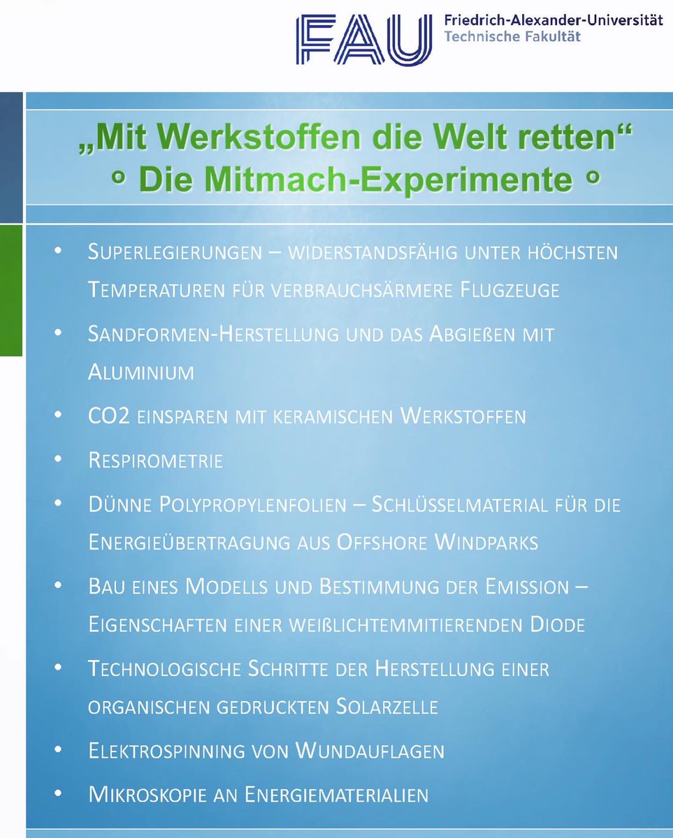DeptWW_FAU's tweet photo. Es gibt noch freie Plätze für die Schnupper-Uni „Materialwissenschaft und Werkstofftechnik“ / „Nanotechnologie“.
Alle Infos findet Ihr hier:
https://t.co/qxQHFD4iMp
Wir freuen uns auf Euch!
@UniFAU #nachhaltigkeit #schnupperuni #materialwissenschaft #nanotechnologie https://t.co/5Bpqt39yX6