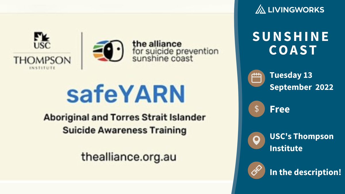LivingWorksAus's tweet photo. Our National Indigenous Training Manager @teganschefe is delivering #safeYARN at the Thompson Institute in September! Fully funded and free to attend thanks to the alliance of suicide prevention sunshine coast - @usceduau. Register to attend at https://t.co/g8n1iYEDdf. https://t.co/m9oLrLYfUQ