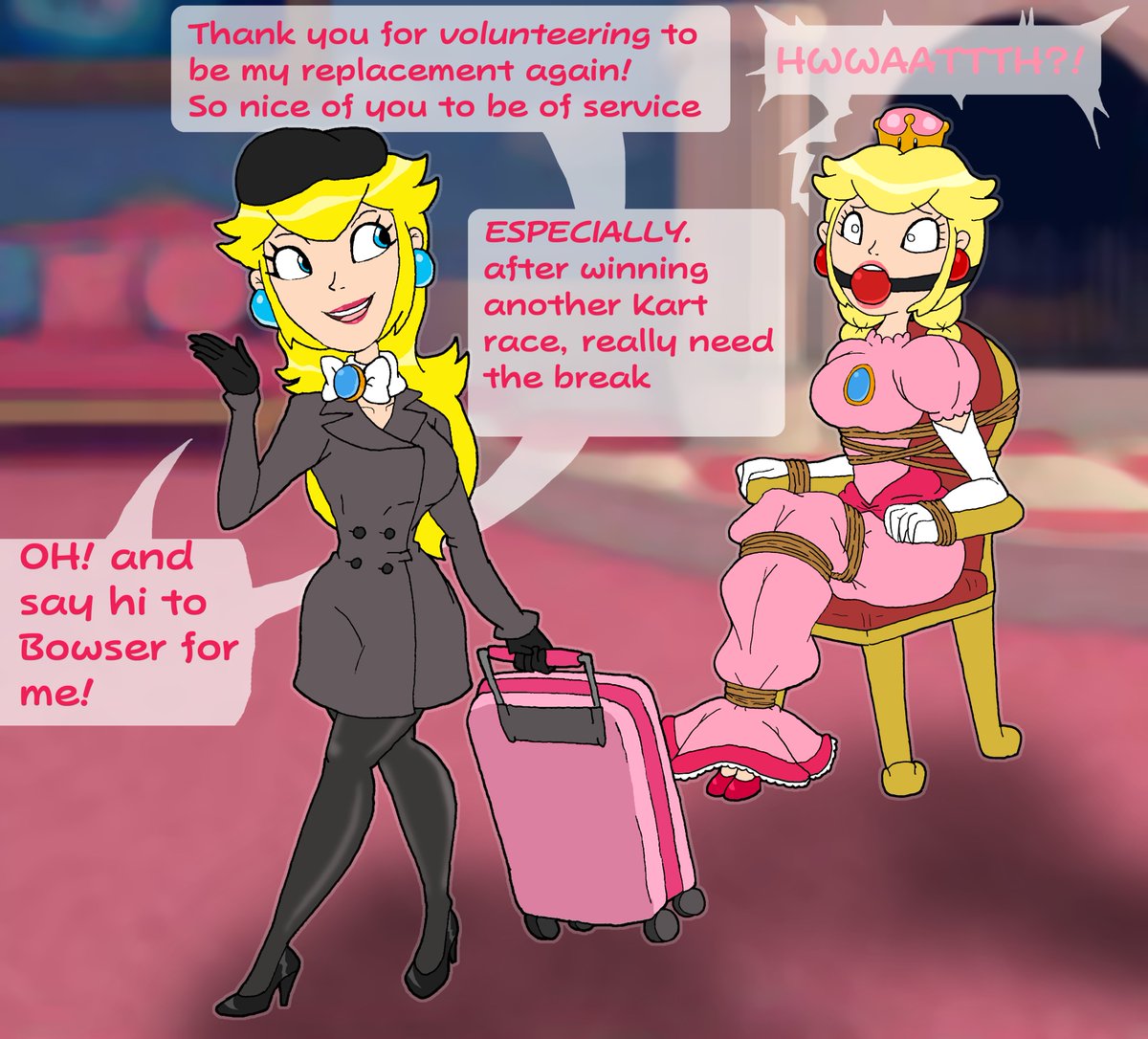 Doc-Dust on X: Part two of the Peach and Peachette doppelganging fun, with  our beloved Princess using her mushroom lookalike to take her usual  Princess shtick Dont worry, shes fine with it! #