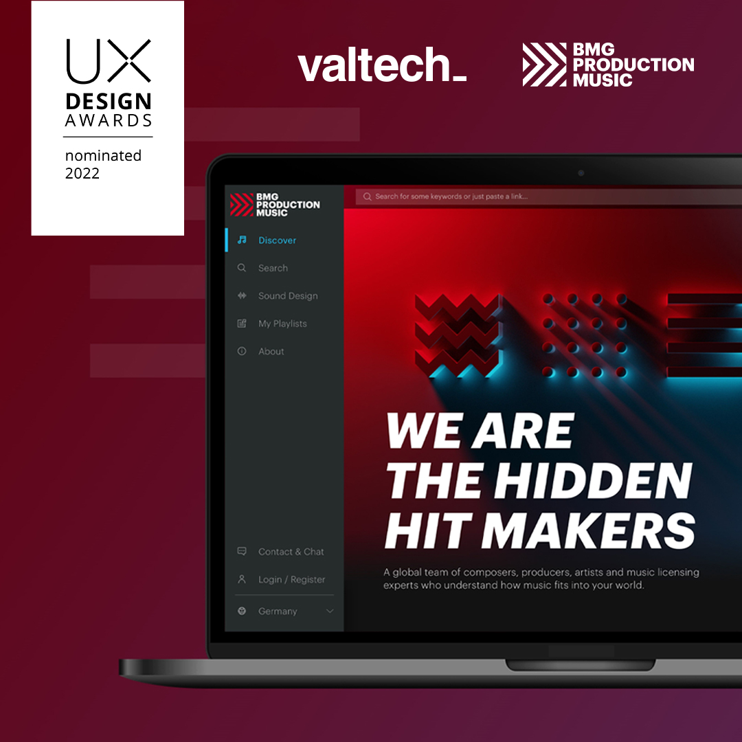 Geschafft!! 🚀 Unsere erfolgreiche Neukreation der Plattform für <a href="/BMG/">BMG</a> Production Music wurde  für die diesjährigen <a href="/uxdawards/">UX Design Awards</a> nominiert! 💥 

<a href="/BMG_PM/">BMG Production Music</a> <a href="/BMGPM_DE/">BMG Production Music</a> @BMG_DE 

Bis zum 31.08. läuft die Abstimmung zum #PublicChoiceAward👉 vote now 🗳️

ux-design-awards.com/de/gewinner/20…