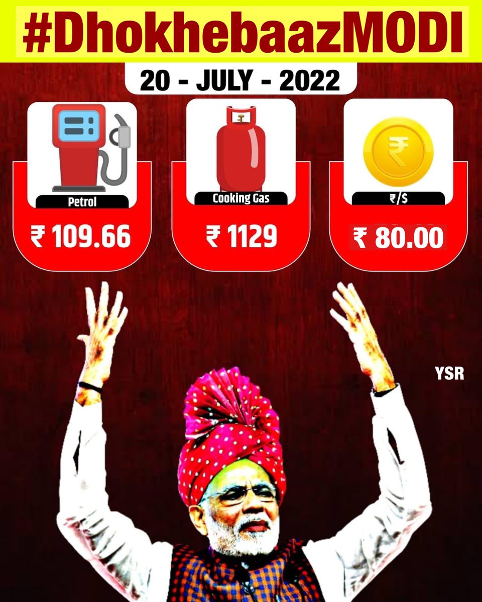 Petrol : ⬆️ Cooking Gas : ⬆️ Essentials : ⬆️ Modi Tax : ⬆️ #DhokhebaazModi betrayed every Indian by squeezing us on the name of various taxes & price hikes 🙏 @KTRTRS