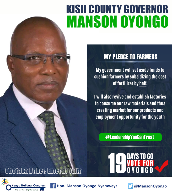 MansonOyongo's tweet photo. MY PLEDGE TO FARMERS
My government will cushion farmers by subsidizing the cost of fertilizer by half. I will also revive and establish factories and thus creating market for our products and employment opportunities
#oyongokisiigovernor
#LeadershipYouCanTrust
#VoteOyongoAugust9 https://t.co/ets4dnDS28