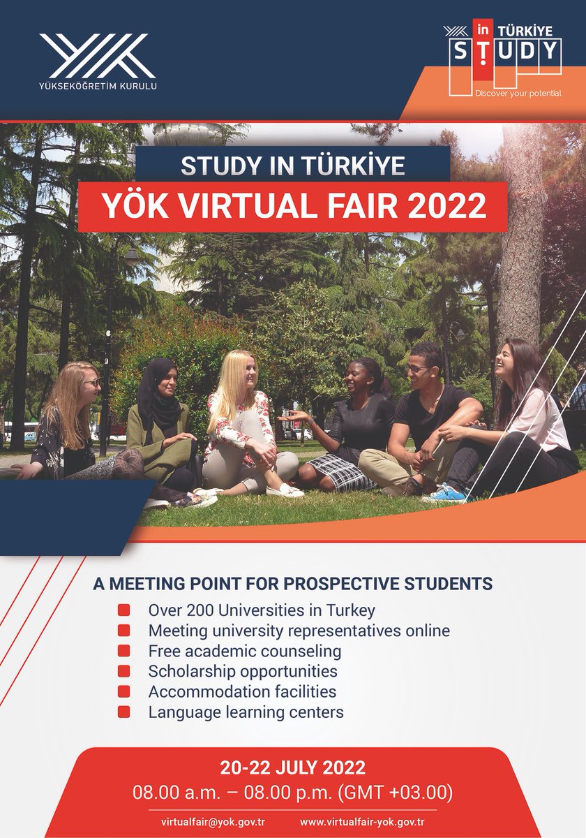 studyinturkiye_'s tweet photo. "Study in Türkiye YÖK Virtual Fair 2022" has just started. 
Don't miss the chance to meet your dream university.
https://t.co/RfkoP010Jx
https://t.co/KnNIPXmhqR 
#YÖKvirtualfair2022
#studyinTürkiye https://t.co/q0mmYfx7gr