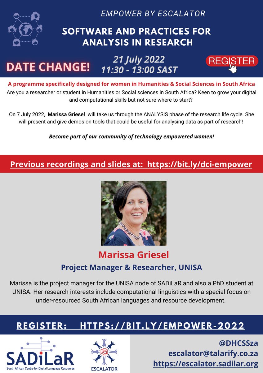 Digital Humanities & Computational Social Sciences (@dhcssza) on Twitter photo Do you want to explore software and tools for research analysis? Join us tomorrow (21 July 11:30 - 13:00 SAST) for the EMPOWER monthly meetup.
Register now: bit.ly/empower-2022
<a href="/aneldavdw/">Anelda van der Walt</a>
<a href="/noma_maphanga/">Nomalungelo Maphanga</a>
<a href="/annemtreasure/">annetreasure</a> Do you want to explore software and tools for research analysis? Join us tomorrow (21 July 11:30 - 13:00 SAST) for the EMPOWER monthly meetup.
Register now: bit.ly/empower-2022
<a href="/aneldavdw/">Anelda van der Walt</a>
<a href="/noma_maphanga/">Nomalungelo Maphanga</a>
<a href="/annemtreasure/">annetreasure</a>