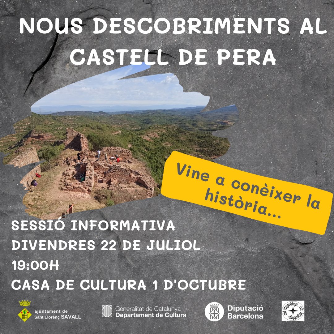 👀 RECORDA !!! 🤔
No et perdis la sessió informativa del proper divendres 2️⃣2️⃣ a les 🕗 19h a Casa de Cultura 1 d'octubre.
Descobrirem les novetats que han sorgit arrel de la darrera campanya arqueològica del Castell de Pera ⛏
#ParcSantLLorenç #XarxadeParcs @catarqueolegs