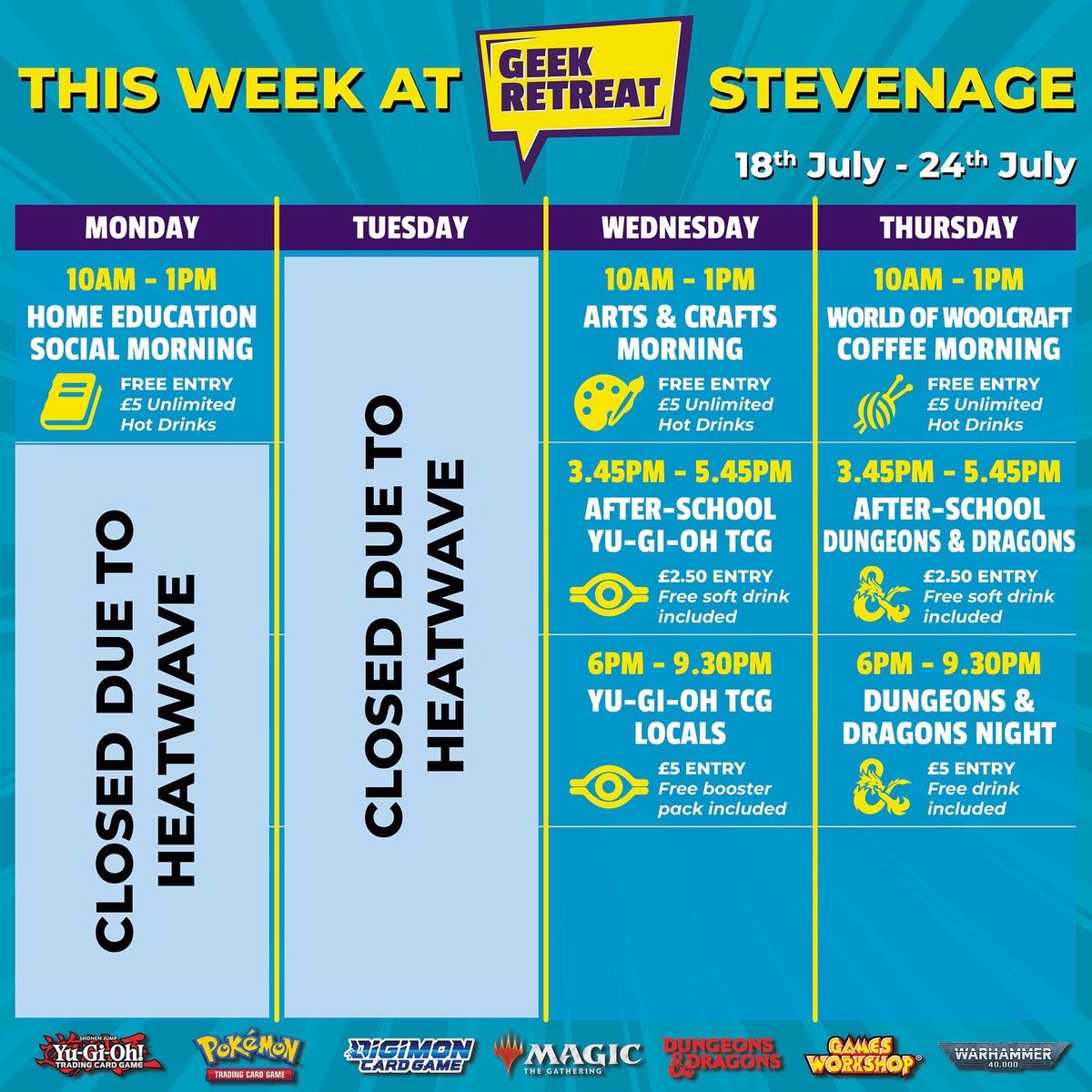 grstevenage's tweet image. Hey geeks! Sorry for the lack of a schedule this week!

To make up for Monday and Tuesday, this Saturday evening bring your Pokémon, Digimon, and Board Games for a fun evening!

Our 6 week holiday events start next week; so keep your eyes peeled for a few changes! 💜💛