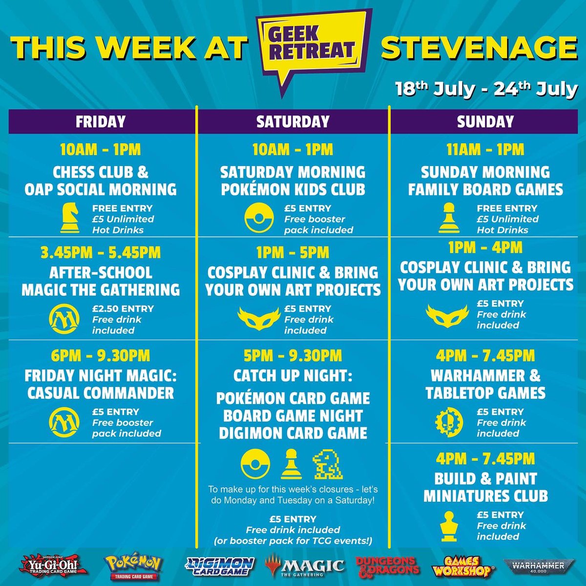 grstevenage's tweet image. Hey geeks! Sorry for the lack of a schedule this week!

To make up for Monday and Tuesday, this Saturday evening bring your Pokémon, Digimon, and Board Games for a fun evening!

Our 6 week holiday events start next week; so keep your eyes peeled for a few changes! 💜💛