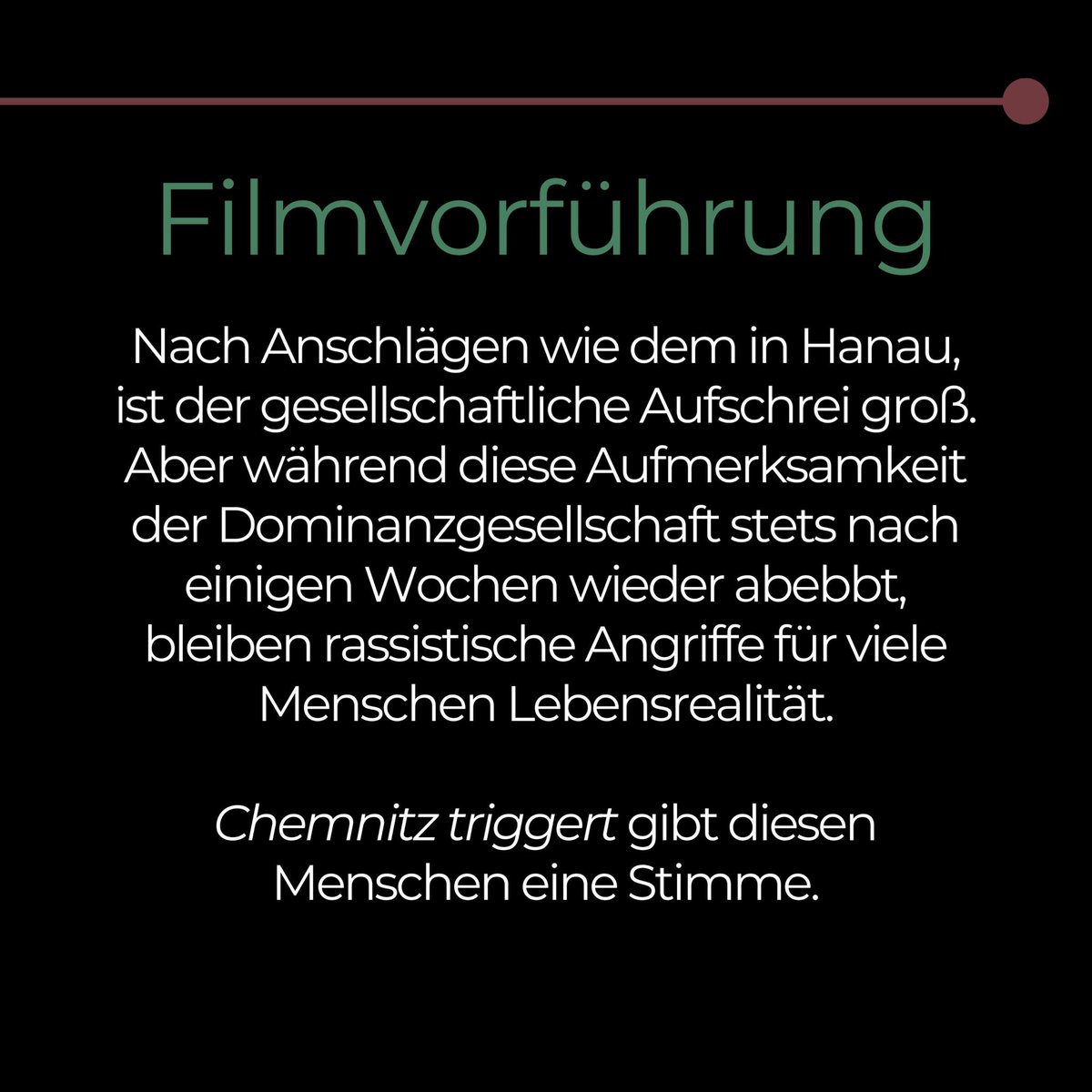 Antinationale Linke Bielefeld (@alibi602) on Twitter photo KUNDGEBUNG + FILM
19.08., 21:00 Uhr
Am 19. August ist es genau 2,5 Jahre her, dass ein Rassist in Hanau 9 Menschen ermordet hat. Dieses traurige Datum nehmen wir zum Anlass um gemeinsam mit der Gedenkini aus Bielefeld den Film <a href="/CTriggert/">CHEMNITZ TRIGGERT</a> auf dem Kesselbrink zu zeigen. KUNDGEBUNG + FILM
19.08., 21:00 Uhr
Am 19. August ist es genau 2,5 Jahre her, dass ein Rassist in Hanau 9 Menschen ermordet hat. Dieses traurige Datum nehmen wir zum Anlass um gemeinsam mit der Gedenkini aus Bielefeld den Film <a href="/CTriggert/">CHEMNITZ TRIGGERT</a> auf dem Kesselbrink zu zeigen.
