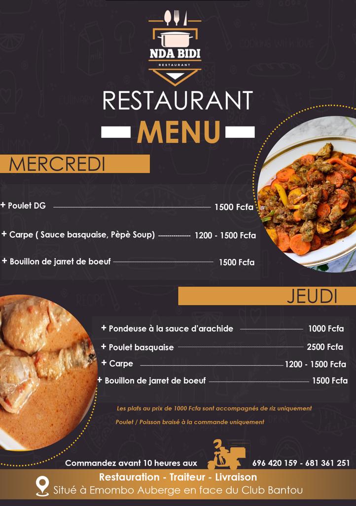 NdaBidi's tweet photo. Bonjour et bon appétit. Votre menu de Mercredi et Jeudi 🌻 https://t.co/o4apRWtyEs