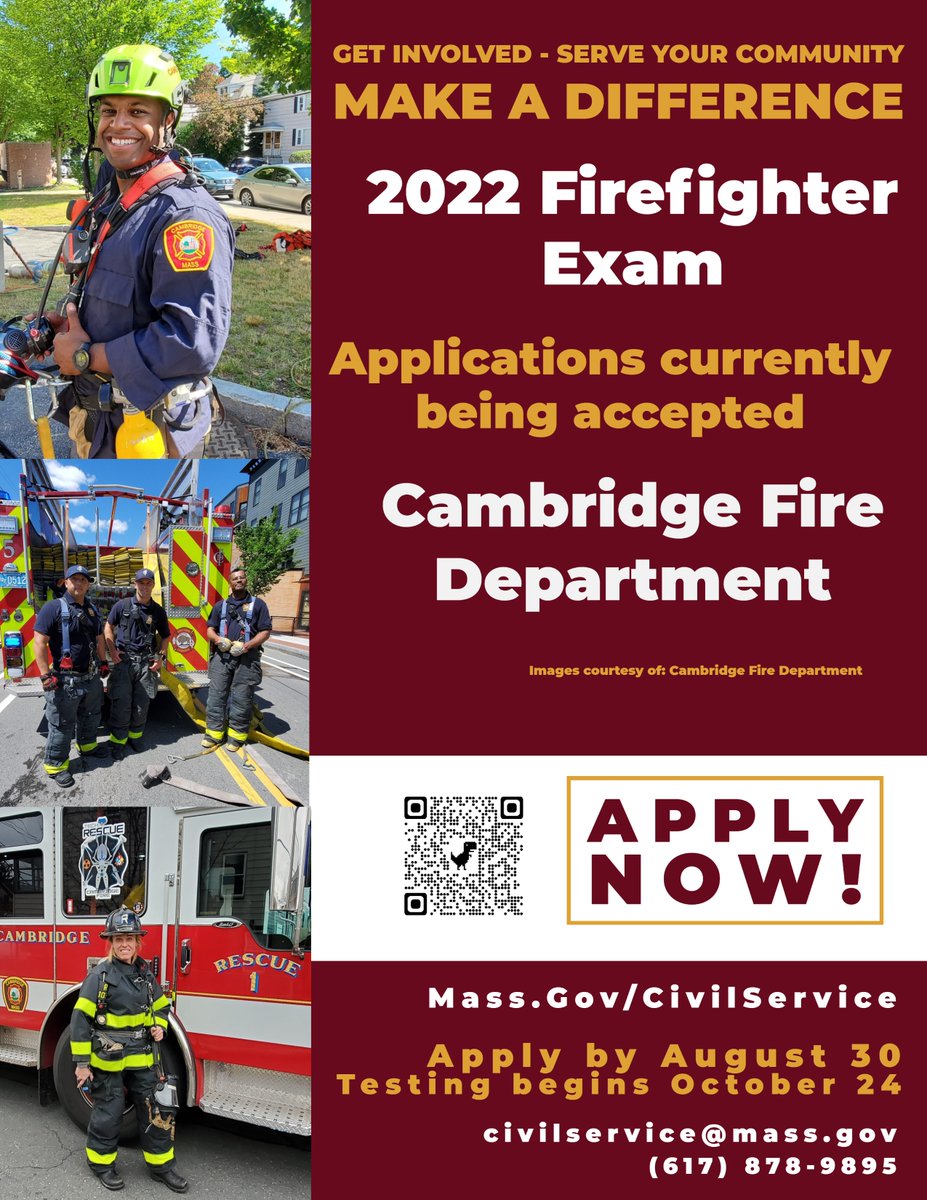 The 2022 Municipal Firefighter Entrance Examination is scheduled for October, 2022. Start the process now to become a Cambridge Firefighter, a noble career where you can help others.
Go to the link for more info: mass.gov/info-details/2…