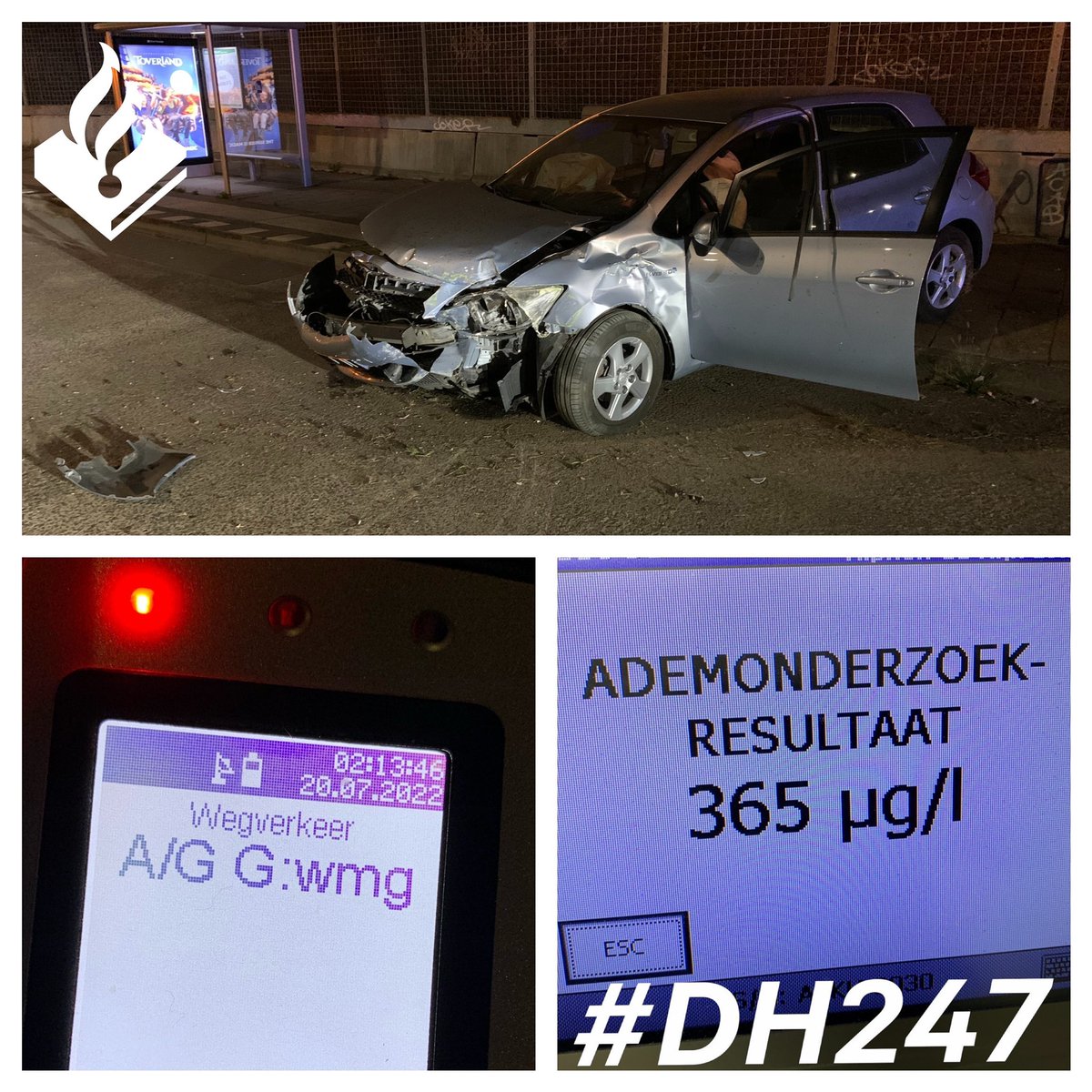 Afgelopen nacht hoorden buurtbewoners piepende banden en een harde klap. Bleek de beginnend bestuurder van deze auto onder invloed gereden te hebben. Rijbewijs ingevorderd en onderweg naar justitie. Bijkomend de EMA cursus vanuit het <a href="/CBRnl/">CBR</a> voor het alcoholgebruik. ^RK
