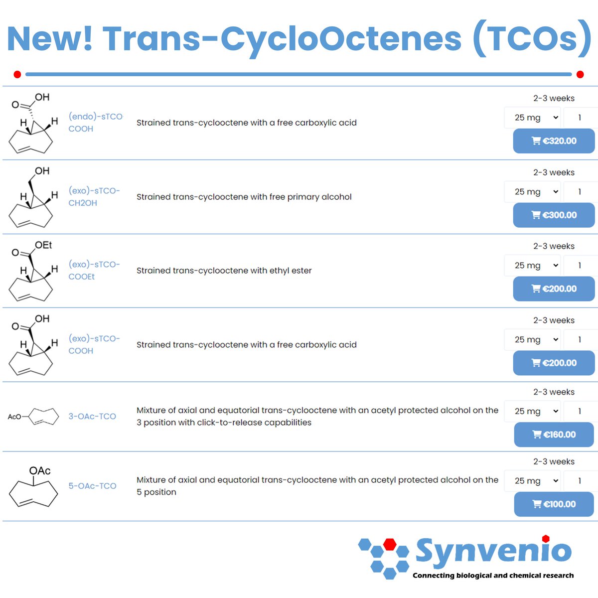Synvenio BV (@synvenio) on Twitter photo Please visit synvenio.com/product-catego… for our offering of trans-cyclooctenes (TCOs). Our TCOs carry a variety of handles for derivatization and can be used for click reactions or click-to-release applications. Interested in custom TCO derivatives? Contact us at info@synvenio.com Please visit synvenio.com/product-catego… for our offering of trans-cyclooctenes (TCOs). Our TCOs carry a variety of handles for derivatization and can be used for click reactions or click-to-release applications. Interested in custom TCO derivatives? Contact us at info@synvenio.com