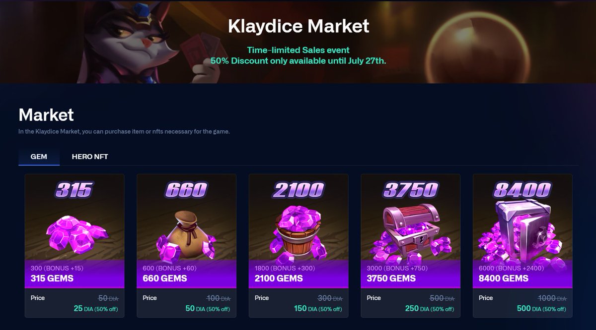 Hi, this is the Klaydice Team. 
The Klaydice Market has been opened under station on the Klaydice official website.
On the market, GEM can be purchased with DIA.
We are having a special 50% discount event for 7 days, so please go check out our website.

klaydice.io/station/market