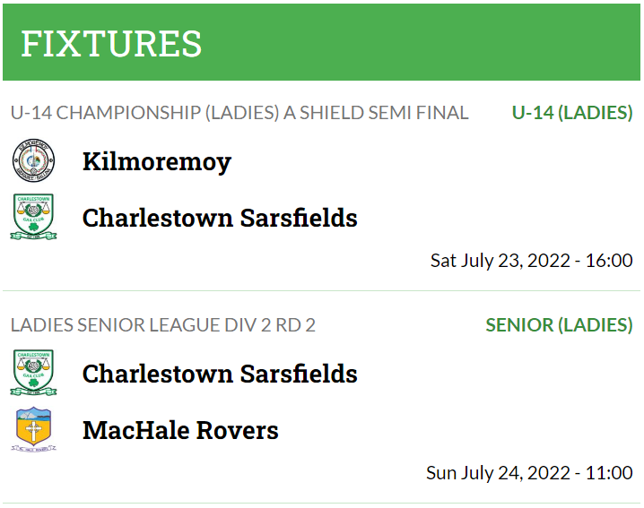 CharlestownLgfa's tweet photo. A couple of big games on this weekend. 

U-14s out first on Saturday in Ballina in the 'A Championship' Shield Semi Final.

Our Seniors are then in action at home Sunday morning in their first game since their Memorial League win.

#seriouSupport #ctownladies2022 #honthetown https://t.co/BydhTWbnQi