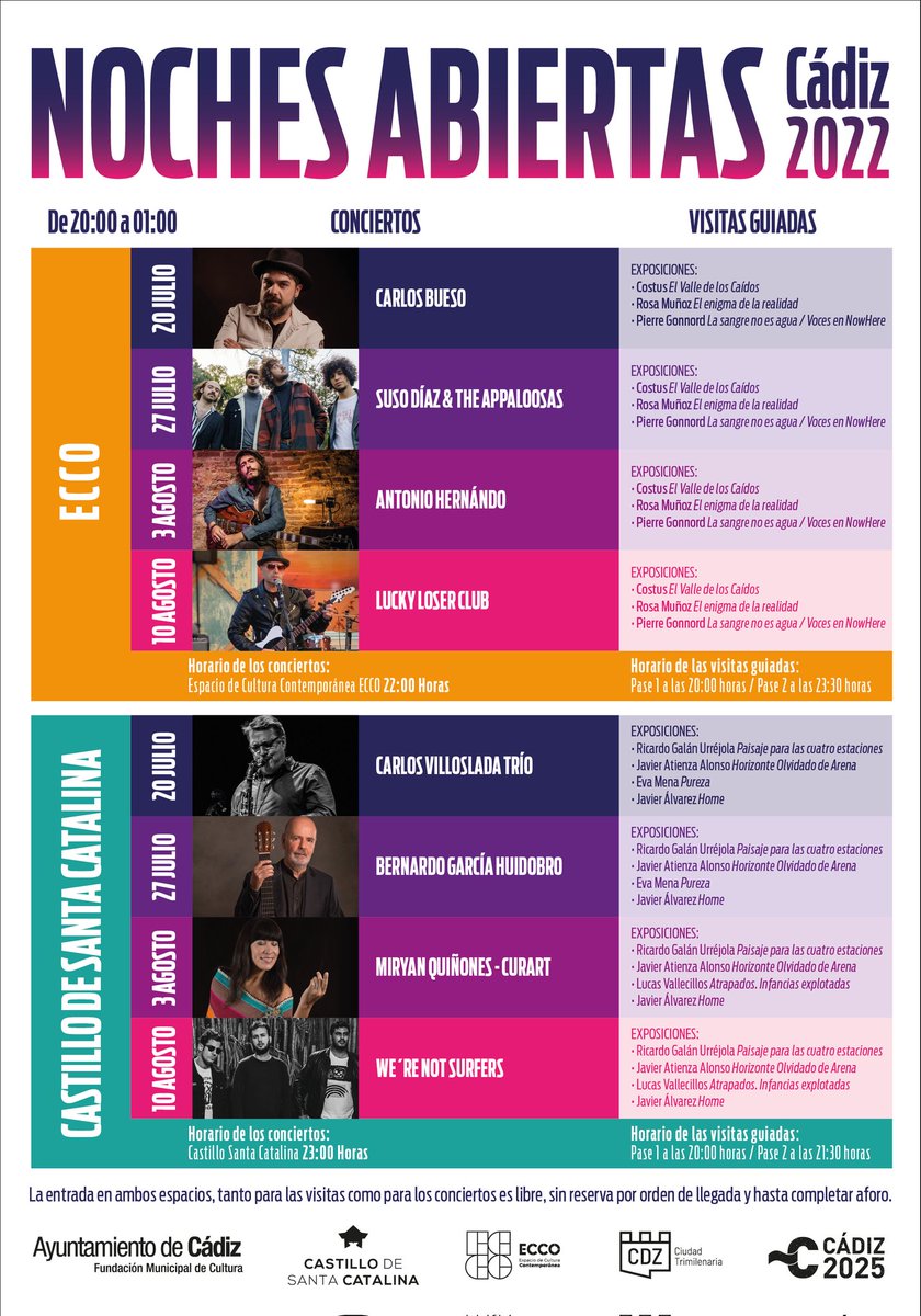 Esta noche arrancan las Noches abiertas del ECCO y Santa Catalina. Con visitas guiadas a las exposiciones a las 20.00 y 23.30 y el concierto de Carlos Bueso. Te esperamos!!