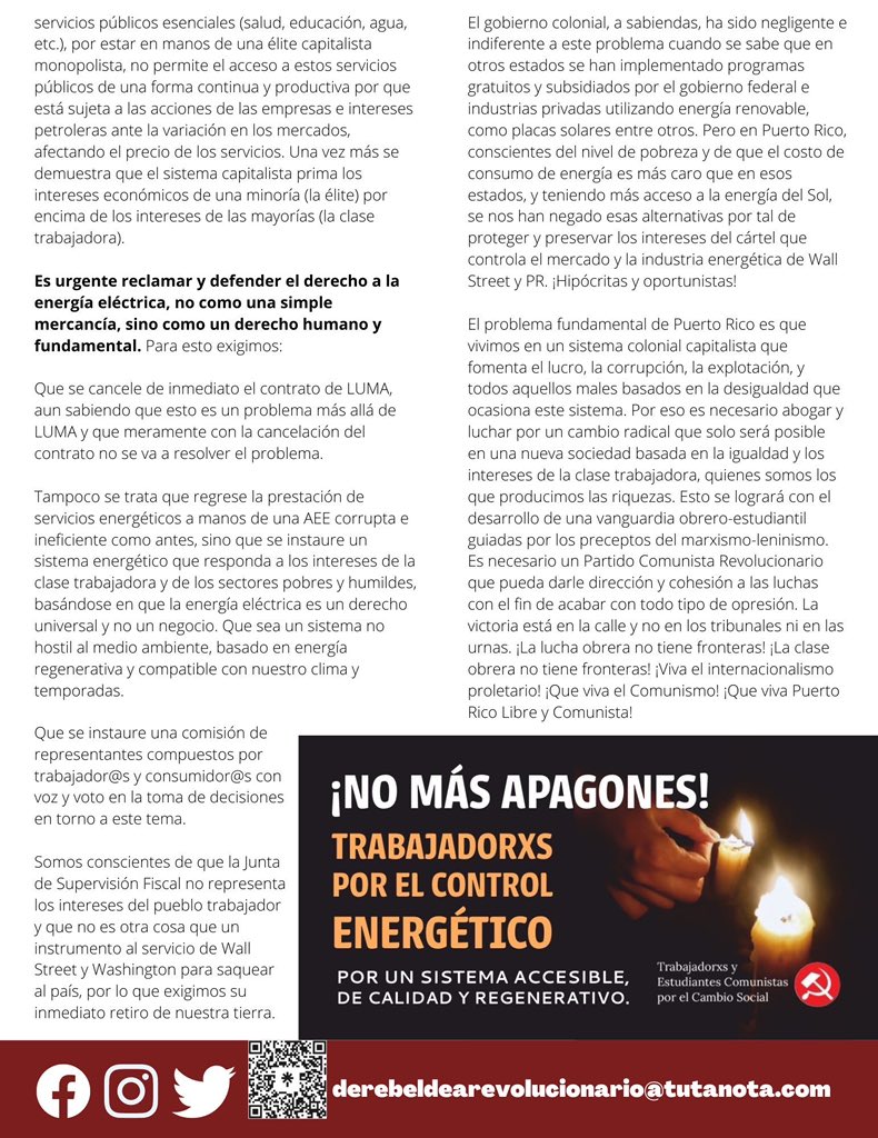 Es necesario abogar y luchar por un cambio radical que solo será posible en una nueva sociedad, basada en la igualdad y los intereses de la clase trabajadora.

¡Hoy salimos a marchar contra la privatizadora LUMA porque la victoria está en la calle!