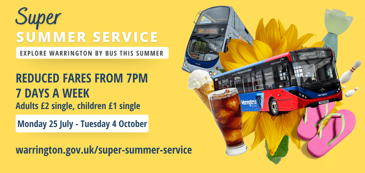WarringtonBC's tweet photo. From 25 July to 4 October, enjoy 9 weeks of enhanced evening timetables, 7 days a week from 7pm, with Β£1 child Β£2 adult singles across the network π
Concessionary pass holders can also ride at any time too!
https://t.co/wvSz8LYvbz
@WarringtonBuses #SuperSummerService βοΈ https://t.co/tQa9bST8f4