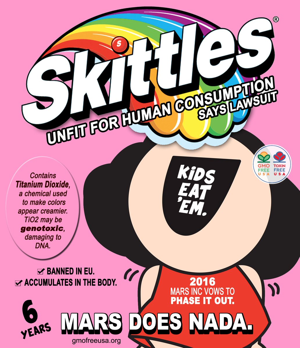 GMOFreeUSA's tweet photo. Whatever happened to the vow that Mars made in 2016 to eliminate #titaniumdioxide? The corporation lied - they never removed it and has failed to inform consumers. #Mars #Skittles #ToxicCandy #FoodAdditives #JunkFood https://t.co/6JEBR5LbwL https://t.co/Yd5SMe8pJ6