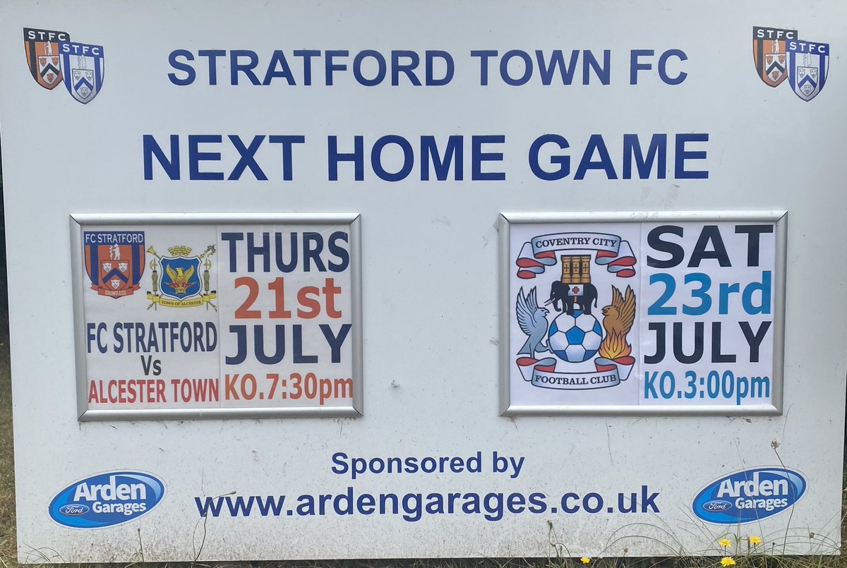 Next up at the Arden Garages Stadium. FC Stratford vs Alcester Town 21/7 KO.7:30pm. Stratford Town vs Coventry City 23/7 KO.3:00pm. 🎟 Admission at the Turnstiles.
<a href="/FcStratford/">FC Stratford</a> <a href="/herald_sport/">Herald Sport</a> <a href="/AlcesterTownFC/">Alcester Town FC</a> <a href="/Coventry_City/">Coventry City</a> <a href="/lwccfc/">Leamington & Warwickshire CCFC Supporters Club</a> <a href="/NLeagueToday/">Non League Today</a> <a href="/StratTownISA/">Stratford Town Supporters Association</a> <a href="/BBCCWRSport/">BBC Sport Coventry & Warwickshire</a>