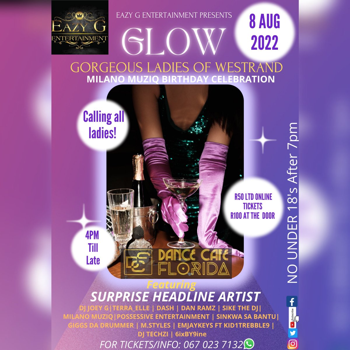 This August we do it for the Ladies

Check flyer for TICKETS/INFO 

Dala wat jy Moet..Retweet for awareness 
Drop us a message for ticket orders 🎫 

PROMOTERS AND INFLUENCERS DALA UR TING MOS..RT.

GORGEOUS LADIES OF WESTRAND 
#GLOW

#EAZY_G_ENTERTAINMENT