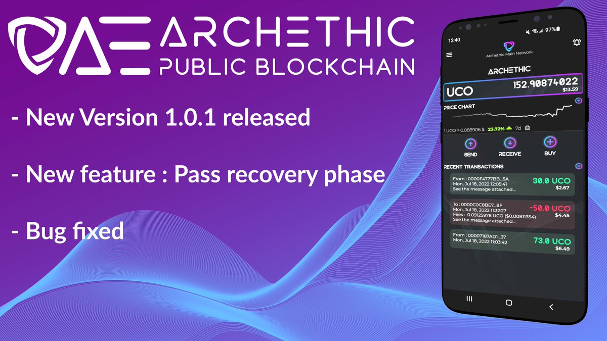 archethic's tweet photo. The Archethic wallet version 1.0.1 has been released

✅ Users can now pass their recovery phase
✅ Bug fixed

To download the latest version 👇
https://t.co/ho3TudQZvU

#Archethic #dApps #wallet #blockchain https://t.co/8twkm2zYxY