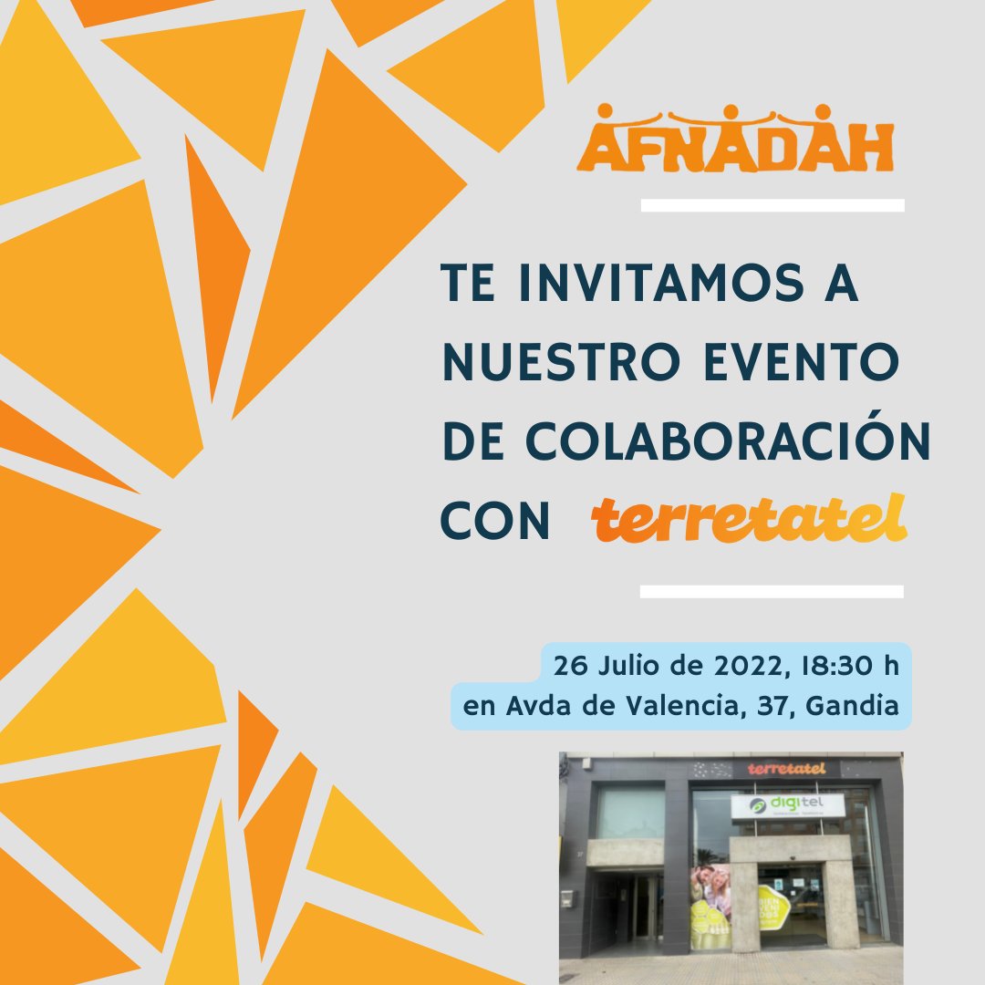 Seguimos con la #iniciativasolidaria con la empresa colaboradora <a href="/terretatel/">Terretatel 🍊</a> 📱
El próximo 🗓️ 26 de Julio a las 🕡 18:30 h #eventoespecial 🎉 de colaboración junto a la teleoperadora
¡No faltes a la cita en Terretatel! 👉📍Av. de València, 37, Gandia