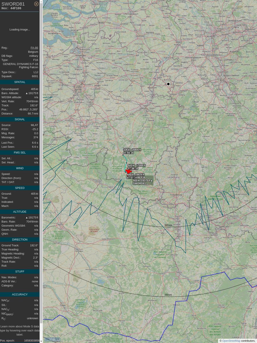AboveHeerlen's tweet image. #PlaneAlert ICAO: #44F106 Tail: #FA86 Flt: #SWORD81 
Owner: #BelgianAirComponent
Aircraft: #F-16 Fighting Falcon
2022/07/20 09:57:03
#F16 #Mil #Chappy #YouJustLostARefinery #Luchtcomponent #OtherAirForces youtu.be/DyruzLjVwbc?t=… 
globe.adsbexchange.com/?icao=44F106&amp;amp;s…