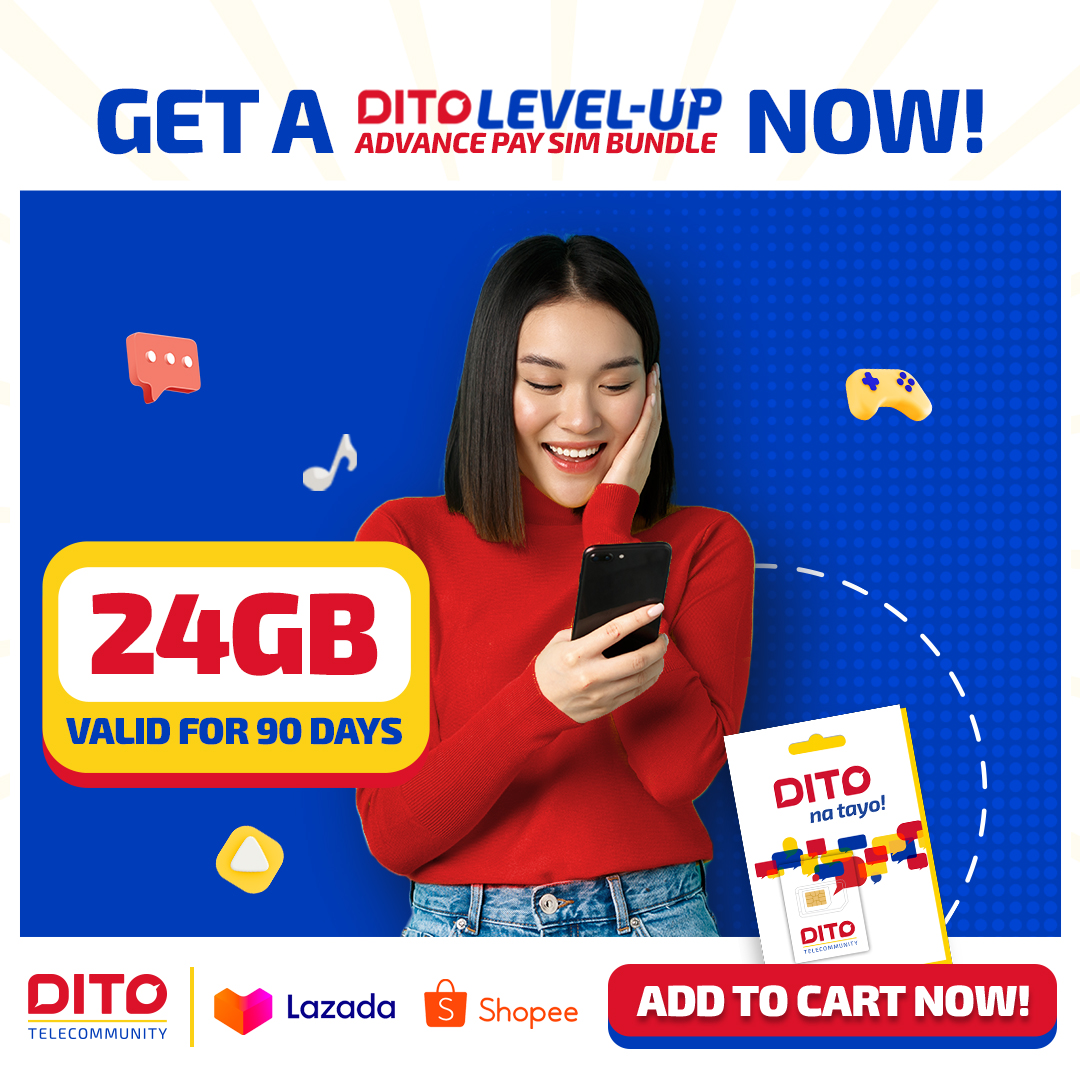 DITOphofficial's tweet photo. The fun doesnโt stop with this much data DITO! Avail of the best SIM pack for all your needs with our DITO Level-Up Advance Pay SIM Bundles! Choose from 24GB for 90 days, 48GB for 180 days, or 96GB for 1 year!
I-add to cart at checkout mo na yan!
#DITOLevelUp #DITOAdvancePay https://t.co/lOyiy1AhL7