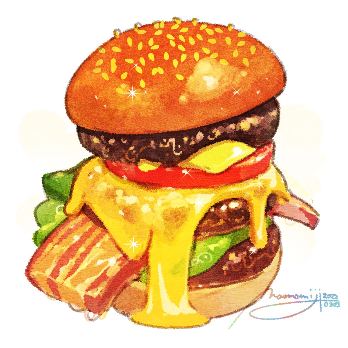 「【今日は #ハンバーガーの日!】もみじ真魚さん作、とっても美味しそうなハンバーガ」|株式会社ワコムのイラスト