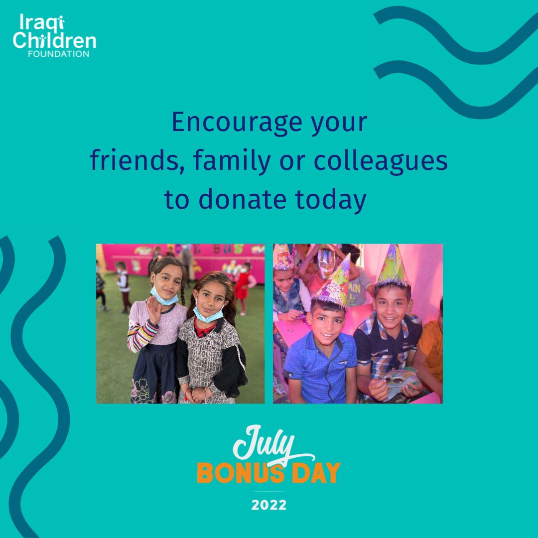 IraqiChildren's tweet photo. Make your donation go further TODAY by donating to provide 100 Hope Bus Scholarships for Iraqi children.

Donate Here: https://t.co/KBjlZT3s62

GlobalGiving’s Bonus Day campaign begins on July 20 at 09:00 EDT and end when matching funds run out, or on July 20 at 23:59 EDT. https://t.co/HhBGLULFB4