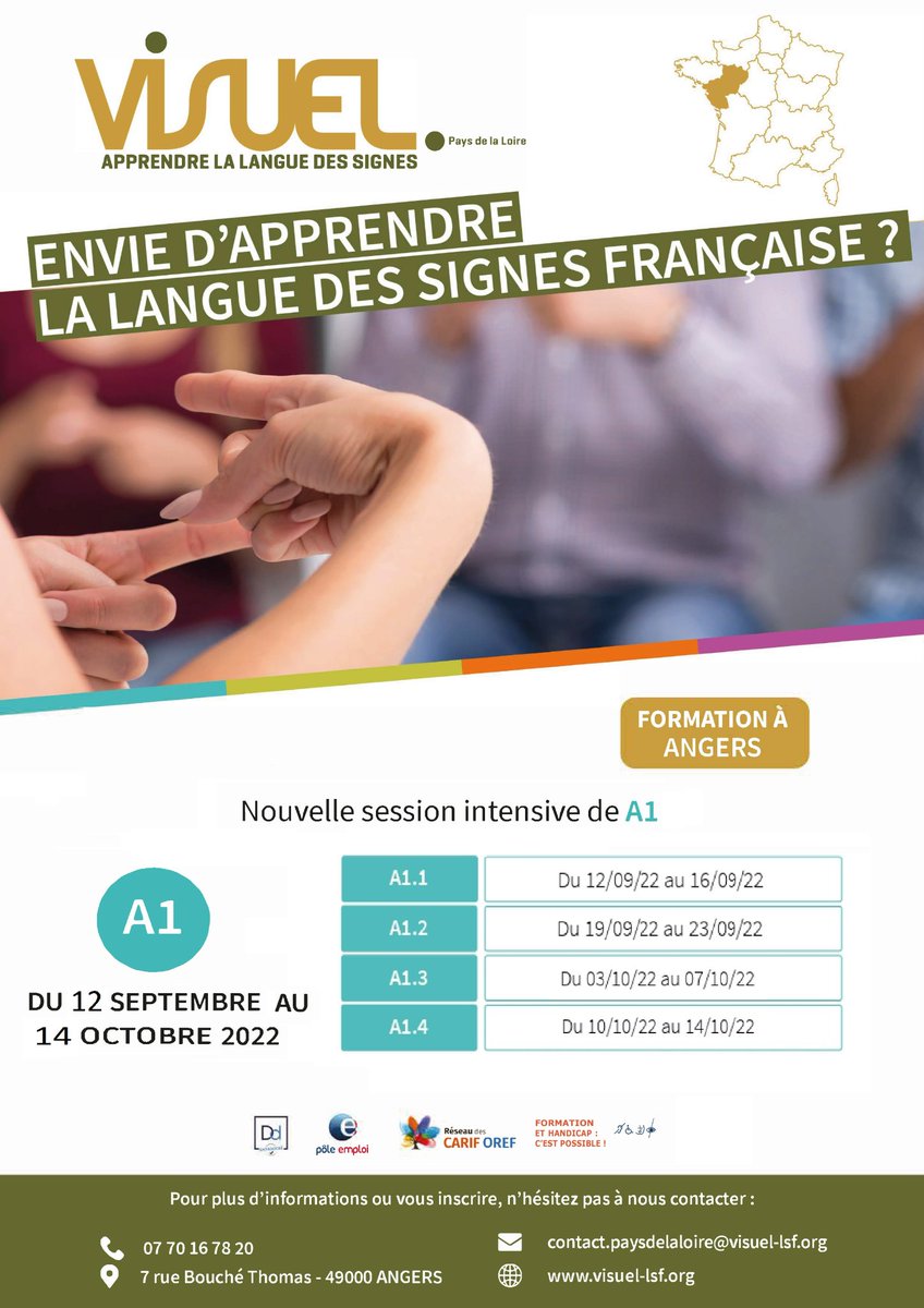 VisuelLSF_PDL's tweet photo. Avant de fermer pour les vacances 🏝, petit rappel de l'ensemble de nos formations en langue des signes à venir 🥳:
Vous avez envie d'apprendre la LSF ? Ou d'approfondir vos connaissances ? https://t.co/fHs0fkeT3A