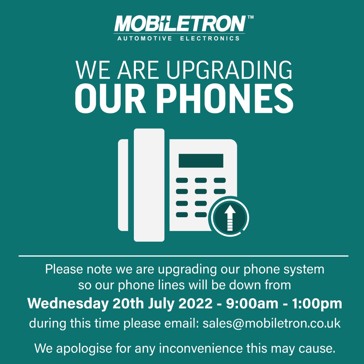MobiletronUK's tweet photo. Hold the phone...We are upgrading our telephone lines! You can still get in touch with us via email at sales@mobiletron.co.uk.  To do this our phone system has to be reworked, so our phones will be down beginning around 9:00 am today and ending in approx. 2 hours. https://t.co/OIffpnAWsX