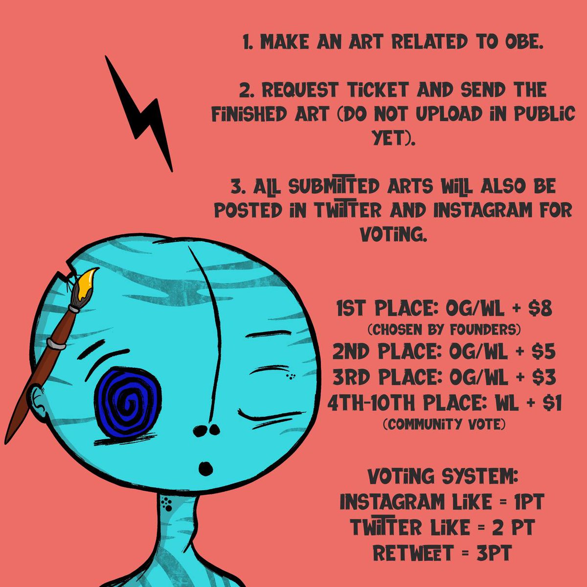 CRXLL_'s tweet photo. Do you want to be rewarded while doing your passion?
It's time to put your artistic skills on display! 
Participate in the OBE BROKEN HEADZ ART CONTEST by submitting any type of art for a chance to win these prizes.👀

#NFTs #nftart #NFTCommunity #FreeMint #NFTfreemint #Giveaways https://t.co/WQ1Guryrdb