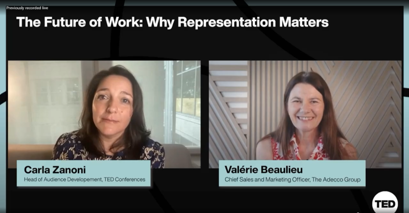 AdeccoGroup's tweet photo. 🎤 Listen to our CSMO, Valerie Beaulieu, speaking with @carlazanoni in this LIVE event organised in collaboration with @TEDTalks to explain why representation matters, especially in the workforce 👇

#FutureOfWork #WordOfWork #InclusiveFutures