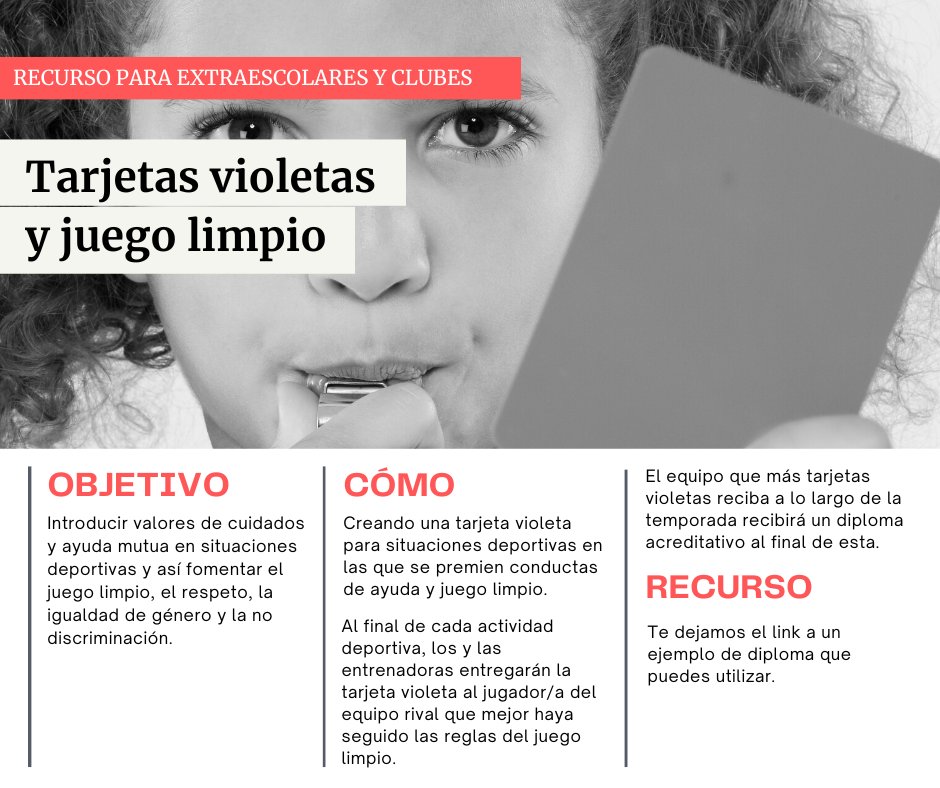 👉 𝗡𝘂𝗲𝘃𝗼 𝗿𝗲𝗰𝘂𝗿𝘀𝗼: Tarjetas violetas y juego limpio 🙌

Con este recurso queremos ayudarte a fomentar el juego limpio, la ayuda mutua y las buenas conductas en el club o en extraescolares.